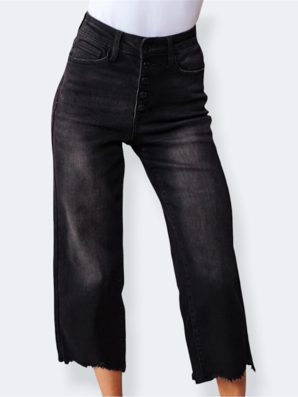 Judy Blue High Waist Button Fly Destroy Raw Hem Wide Leg Crop Jeans Size 13 31
